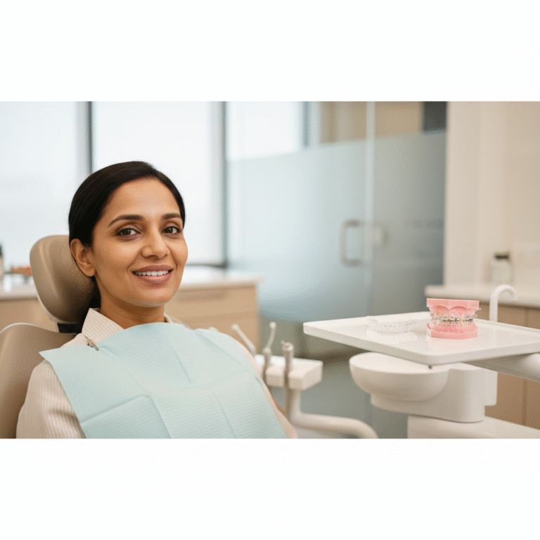 Woman at Ecity Dental clinic consultation for invisible braces treatment Bengaluru.