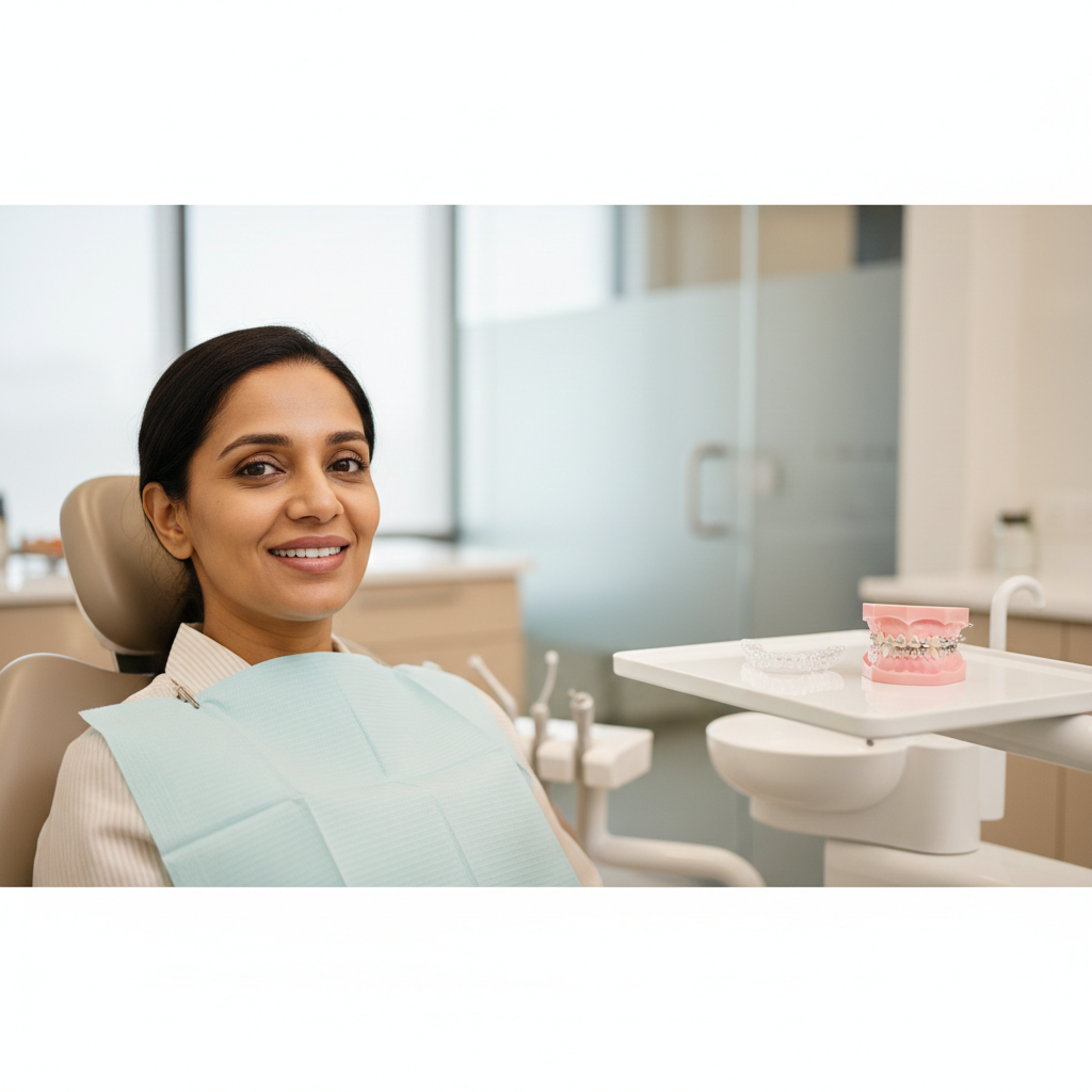 Woman at Ecity Dental clinic consultation for invisible braces treatment Bengaluru.
